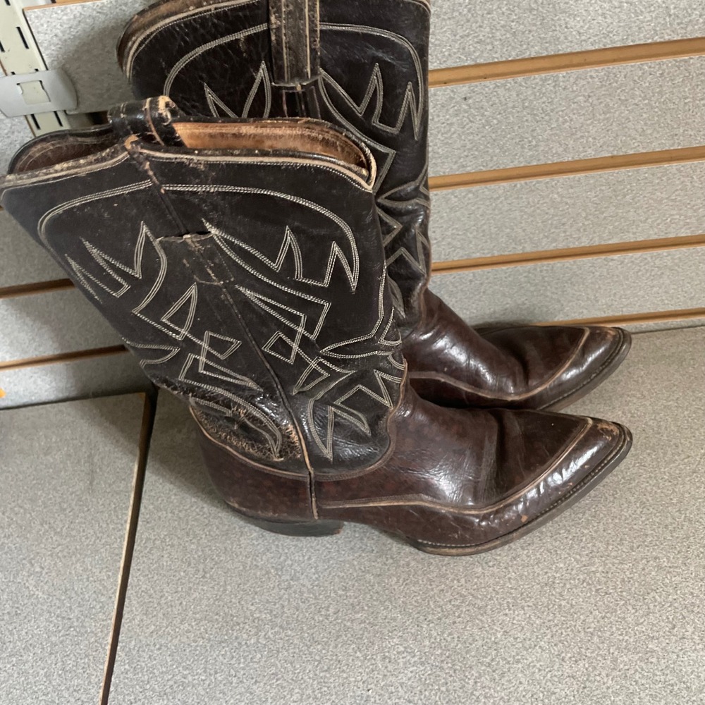 Vintage 1960's Mens Brown Leather Western Cowboy Boots Decorative Stitching‎